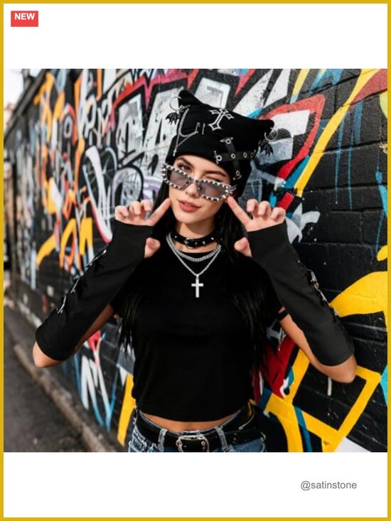 Grunge Cat Ear Beanie Set with Fingerless Gloves and Necklaces